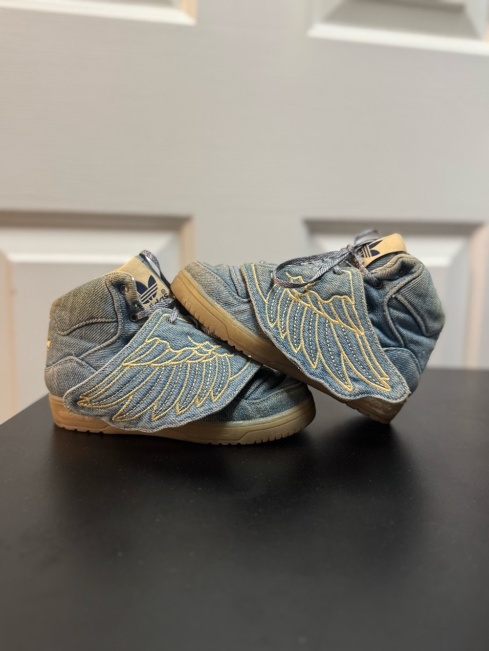 Jeremy Scott x Adidas Kids Denim High-Top Sneakers with Gold Wing Embroidery - Picture 2 of 12